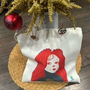 Ginger girl with a teal turtleneck : Tote bag with original design